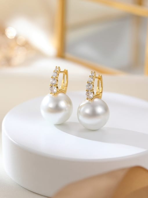 ES2579 [White Gold] 925 Sterling Silver Imitation Pearl Geometric Minimalist Huggie Earring